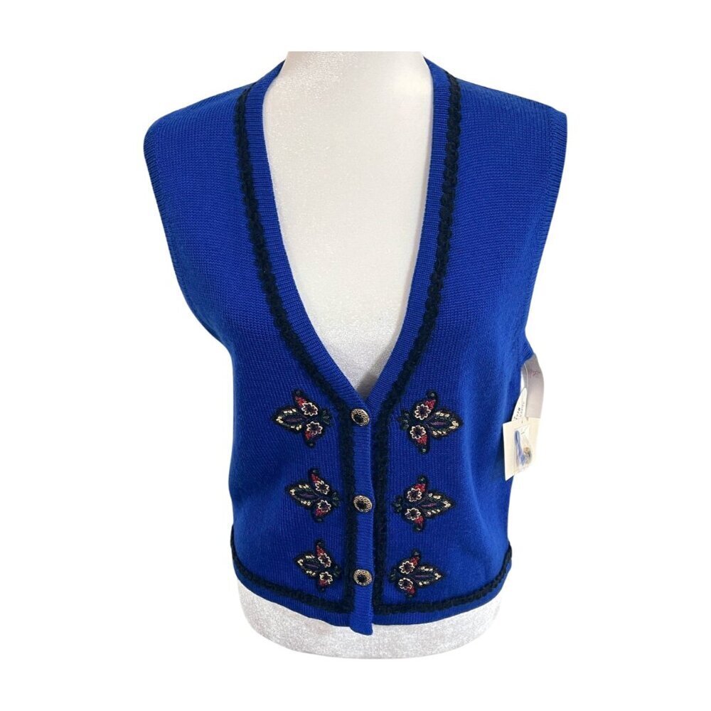 Susan Bristol NWT Vintage Blue Embroidered Sweater Vest Floral Black Trim Small